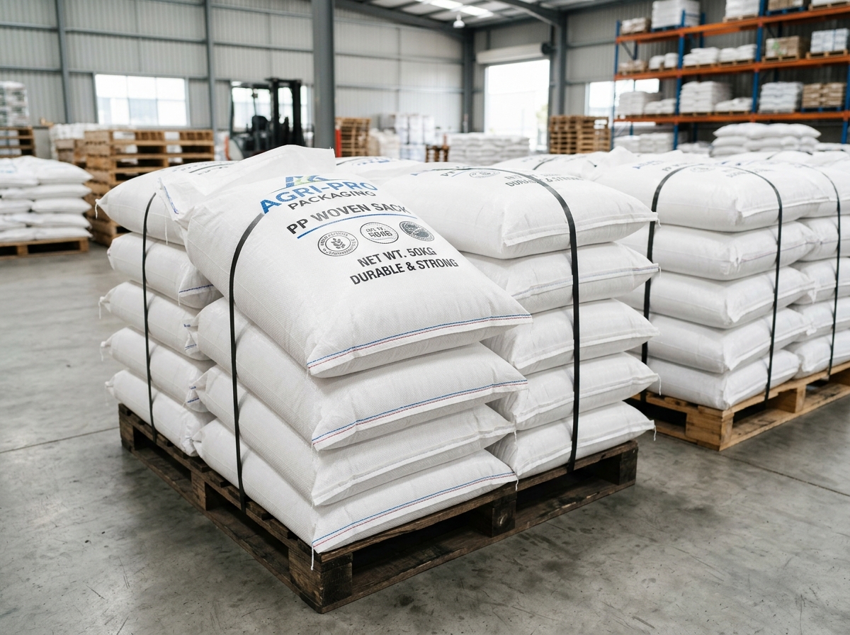 High quality PP packaging bags stacked on pallets at Lavrek Industries